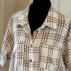 PrincessPolly Oversized Cream &Brown Plaid Button Up Short Sleeve Layer Shirt XL